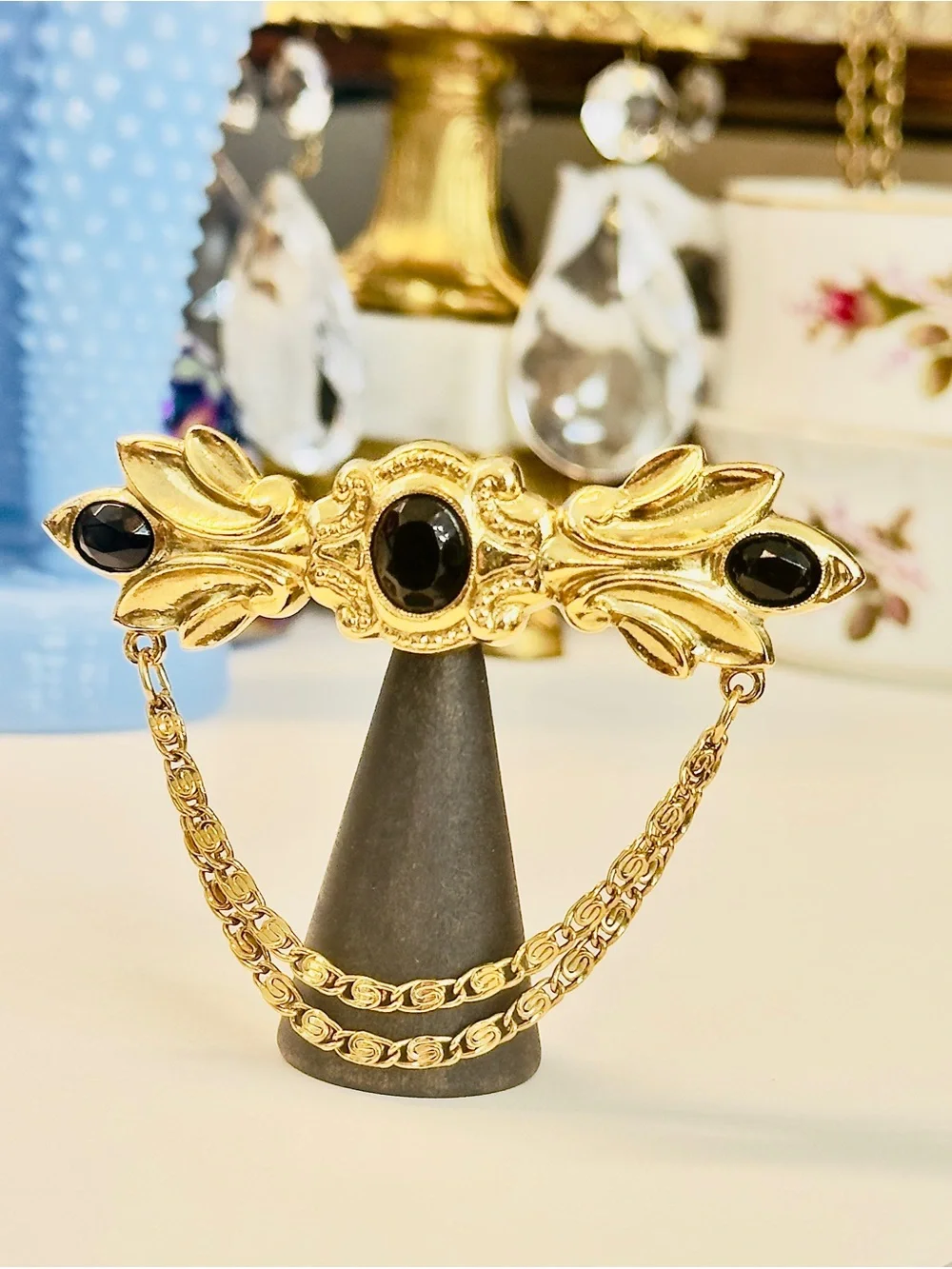 Vintage French Gold Barrette – Victorian Revival Black Cabochon Swag Chain